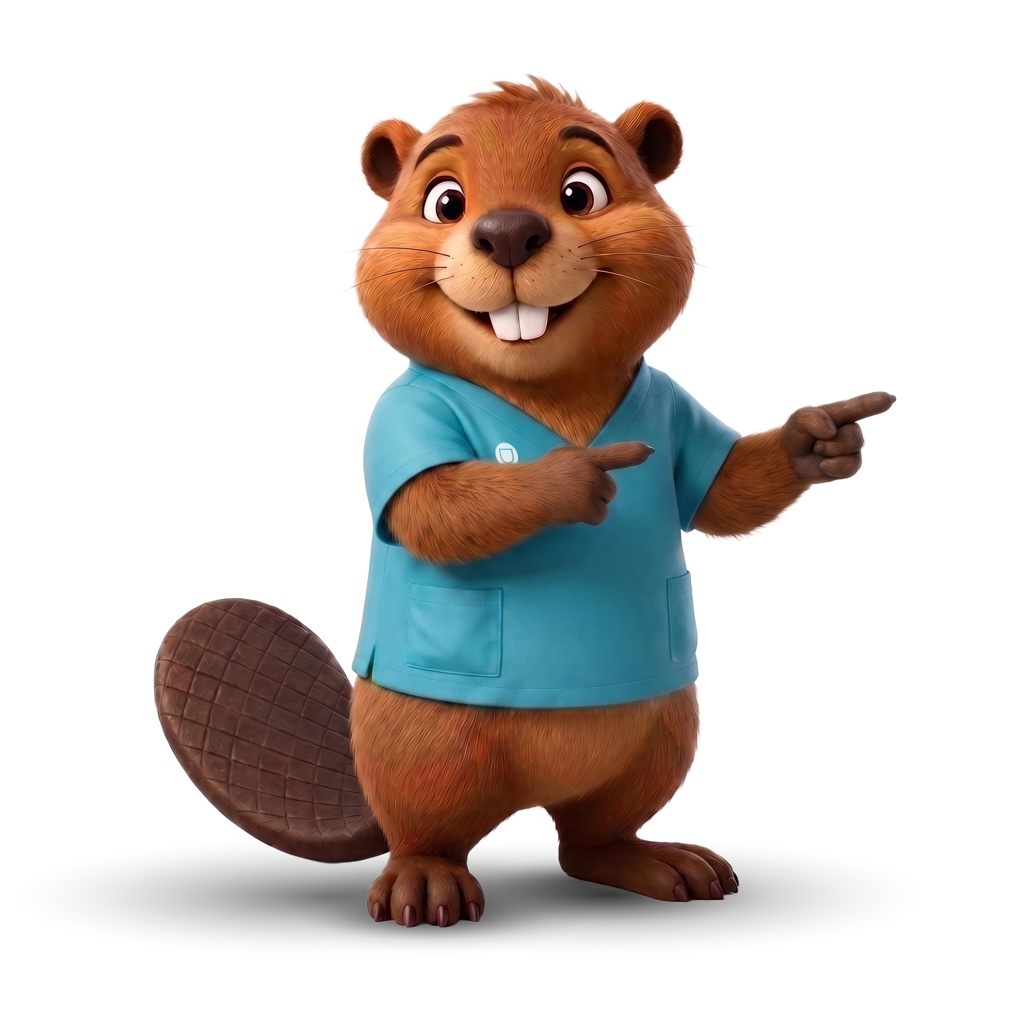 Dentissimi fogászat kabala figurája. Barna hód Dentissimi pólóban jobbra mutat.