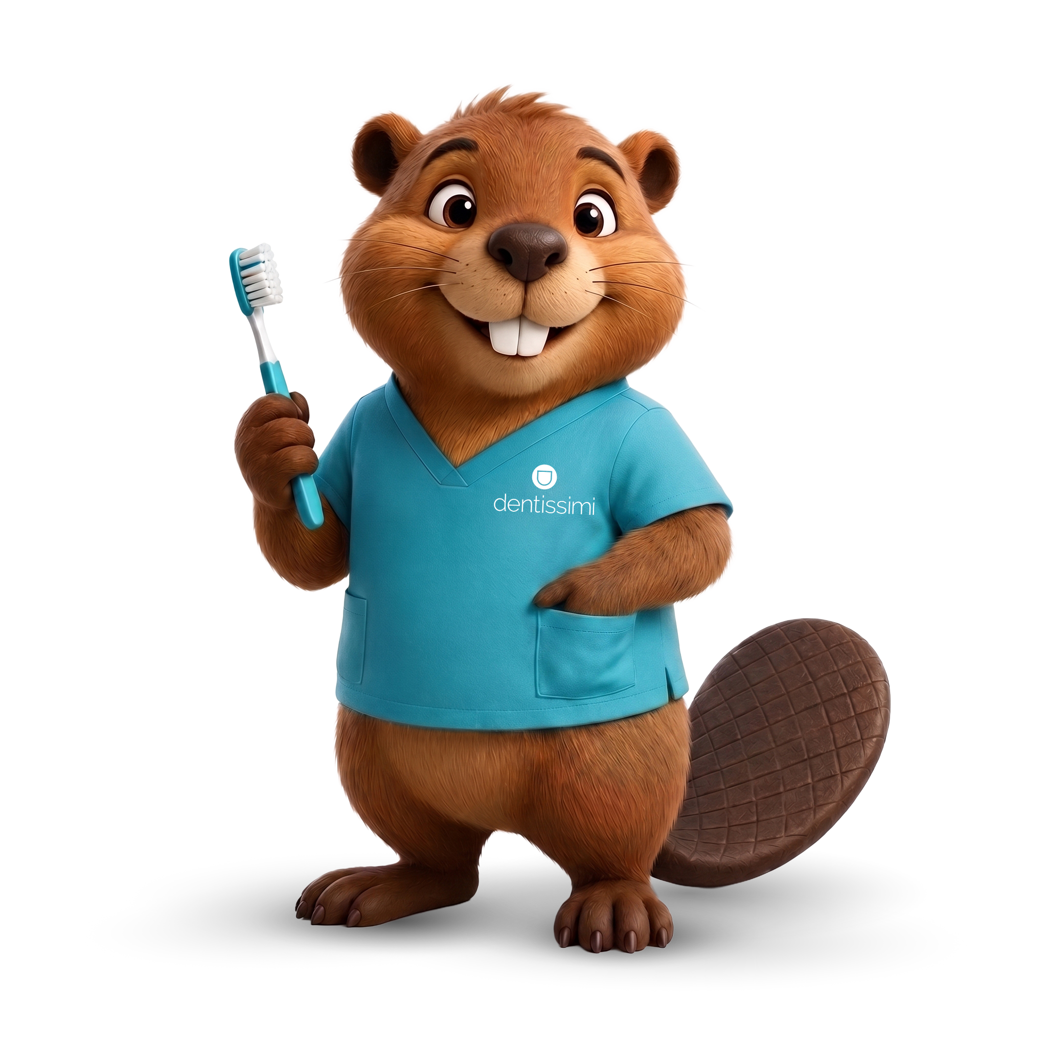 Dentissimi Fogászat Mosonmagyaróvár kabala figurája. Barna hód Dentissimi pólóban fogkefével a kezében.